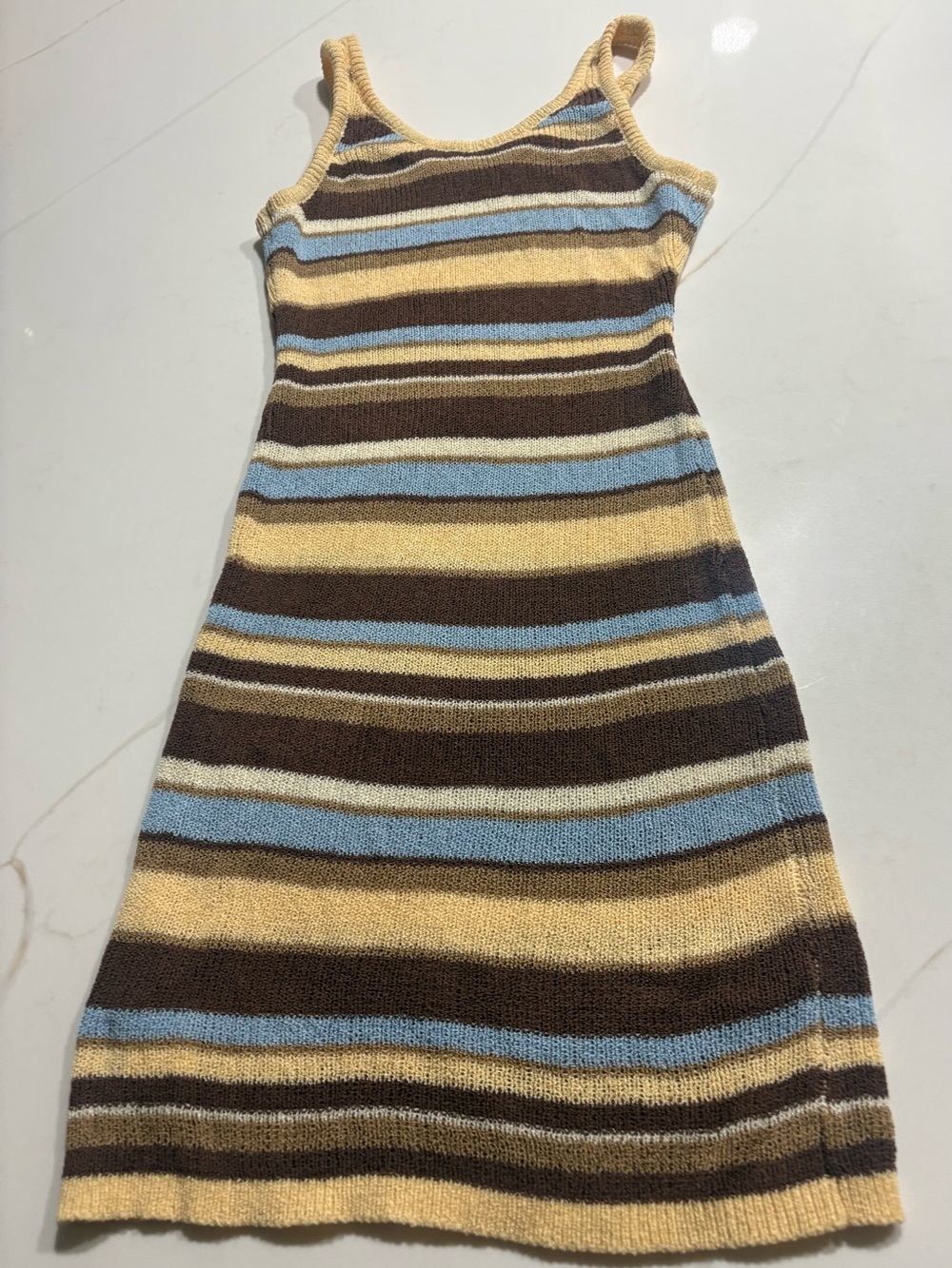 Striped Spaghetti- Strap Knit Dress in Yellow, Brown & Light Blue